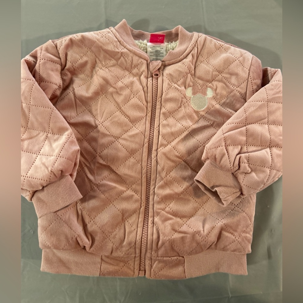 Disney Junior Minnie Mouse Embroidered Quilted Soft Bomber Jacket Fleece Pink 4T